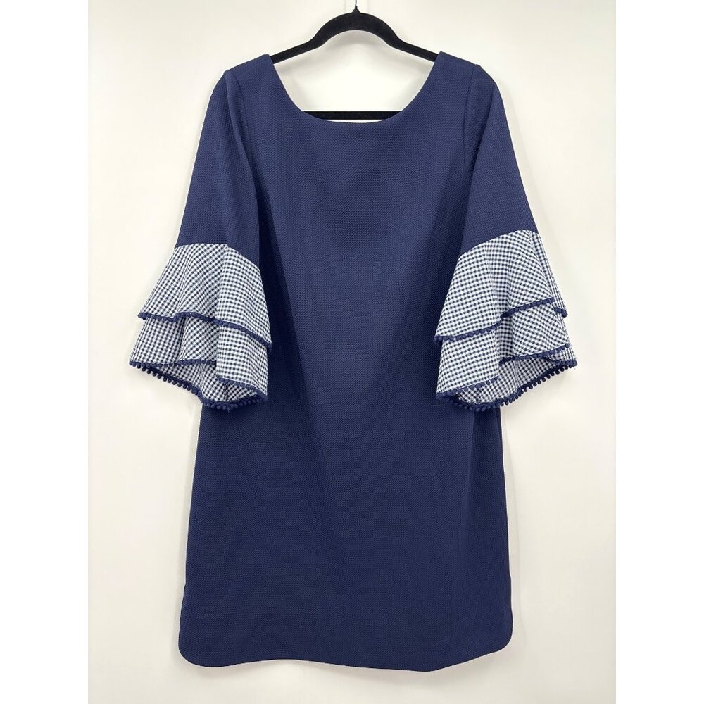 J. Howard Textured Gingham Tiered Bell Sleeve Dress Navy Size 16